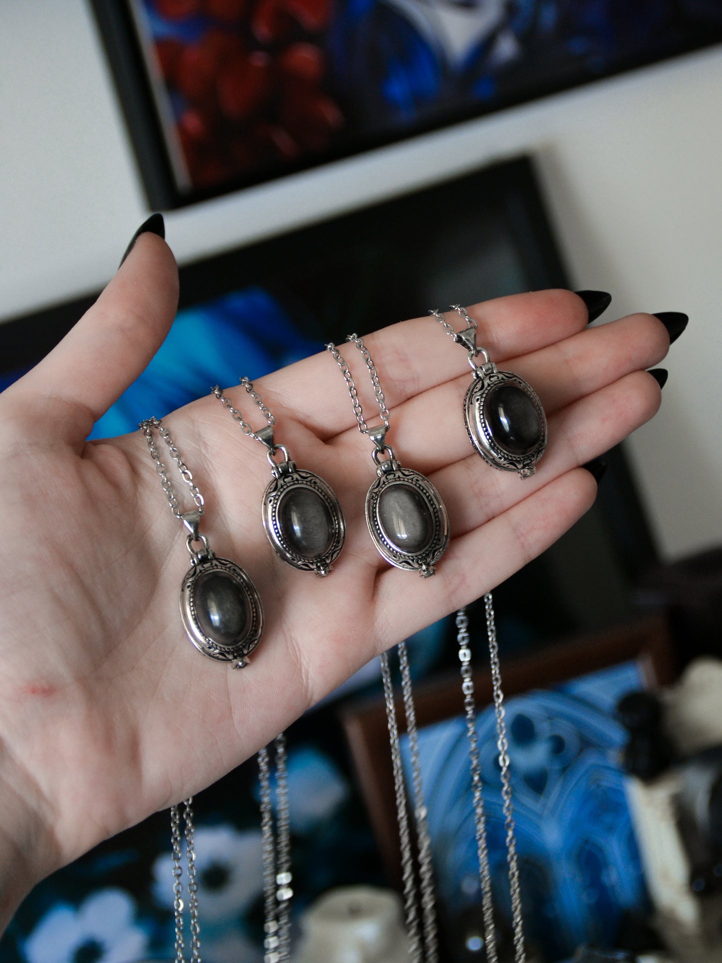Ciondolo locket in ossidiana argentata