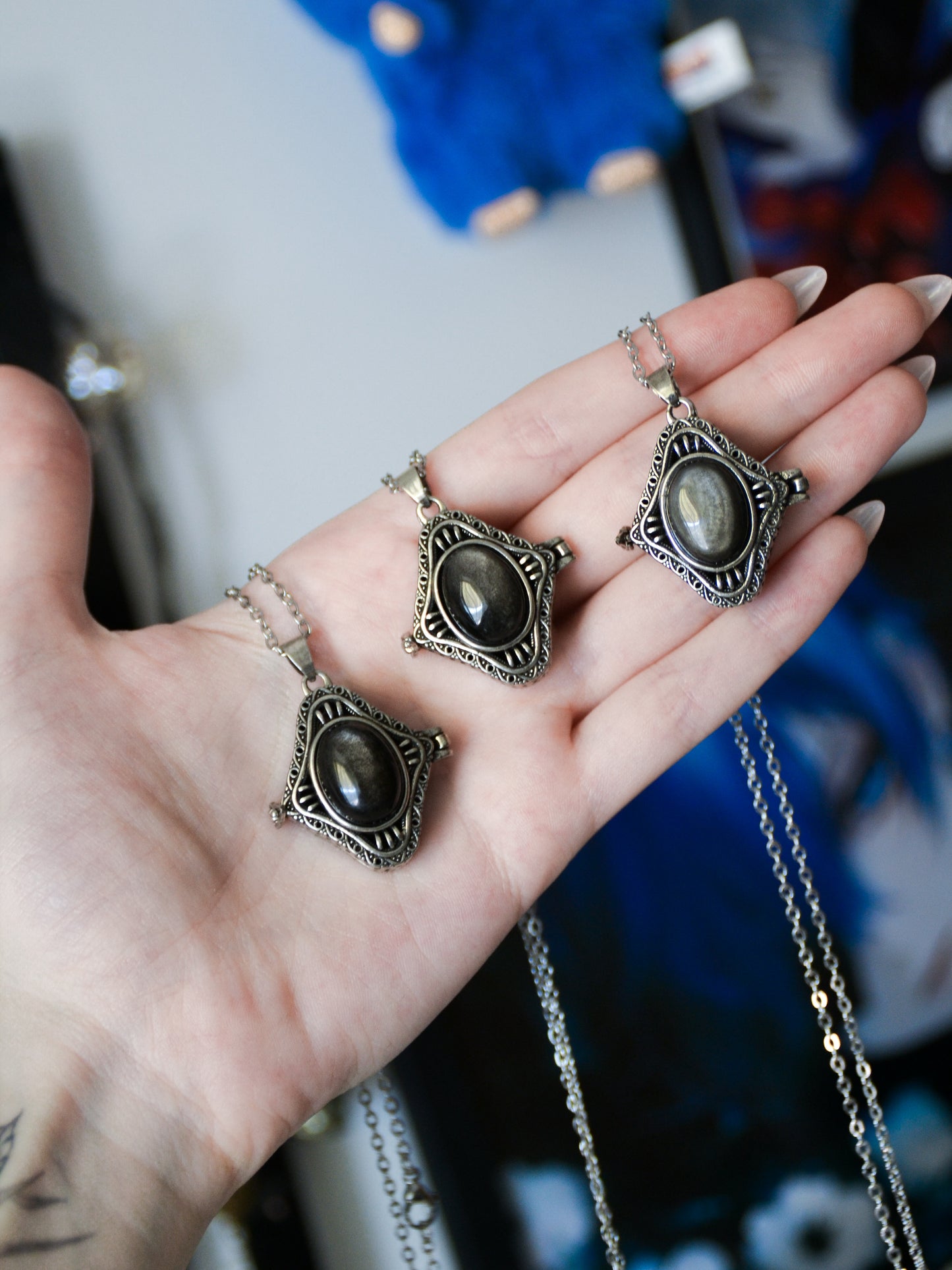 Ciondolo locket L con ossidiana argentata