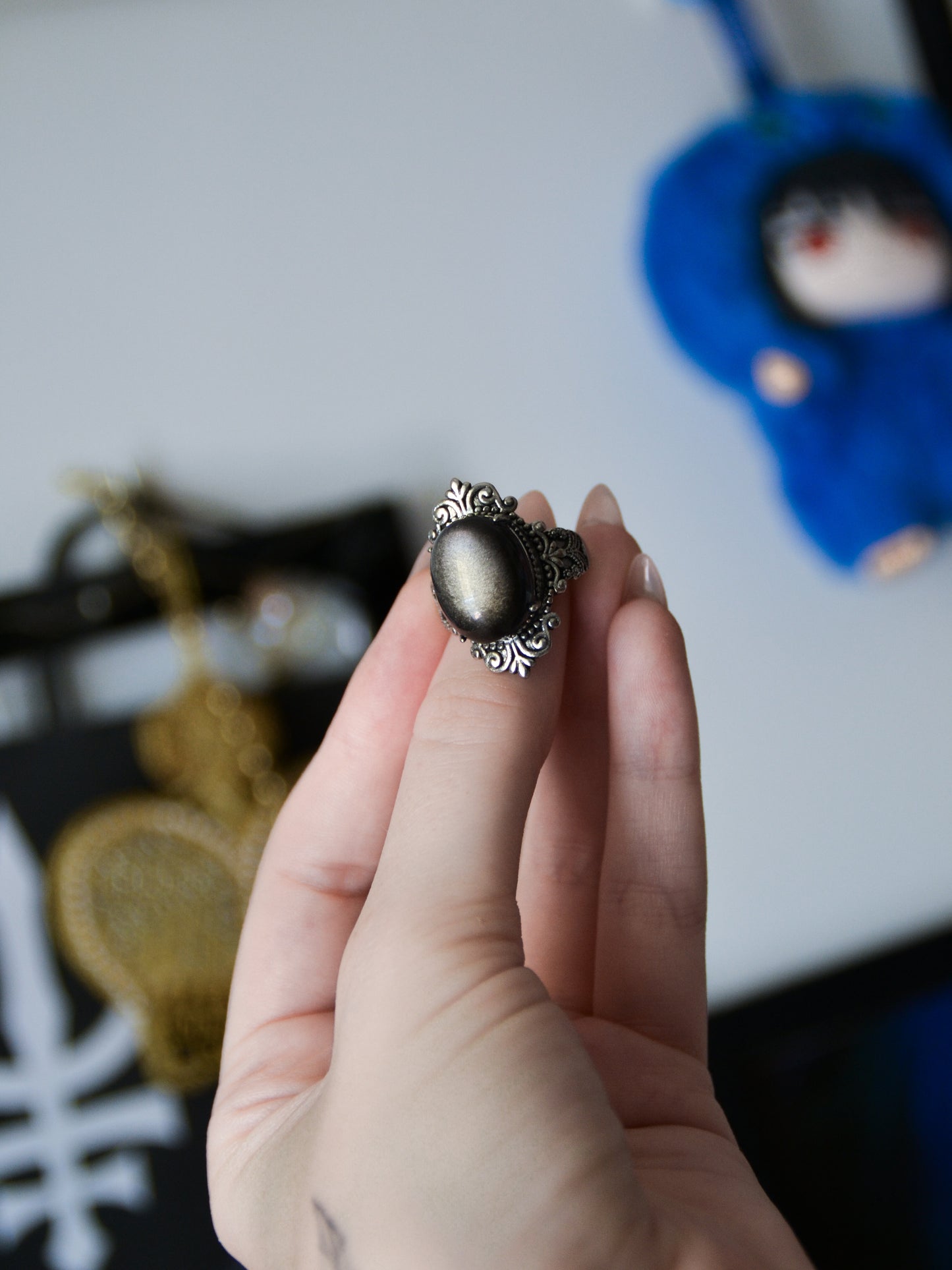 Anello black mirror II con ossidiana argentata