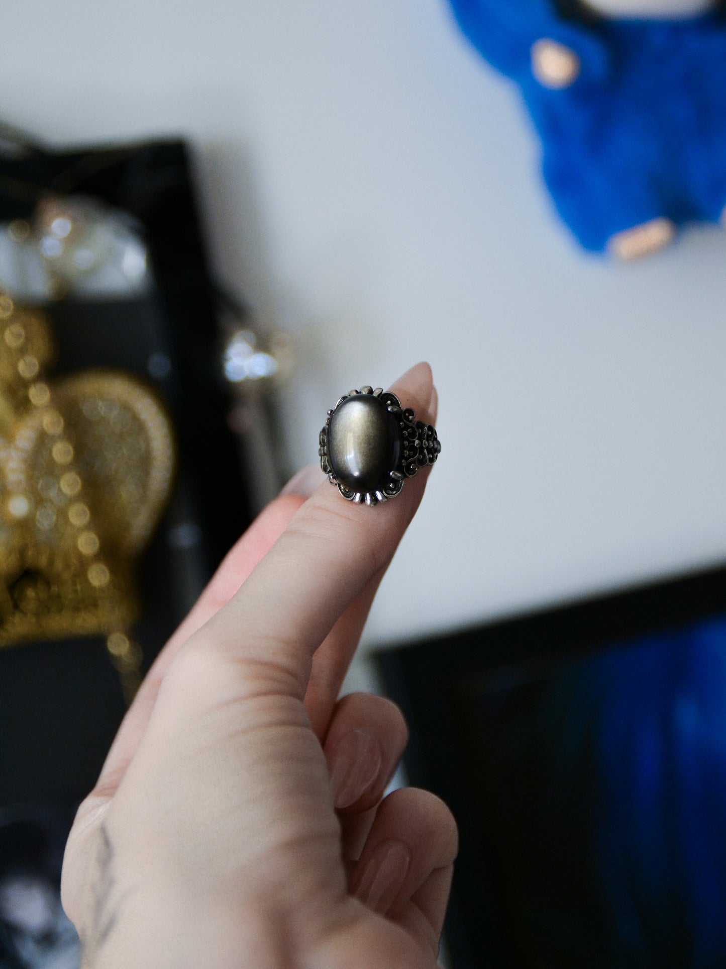 Anello black mirror con ossidiana argentata