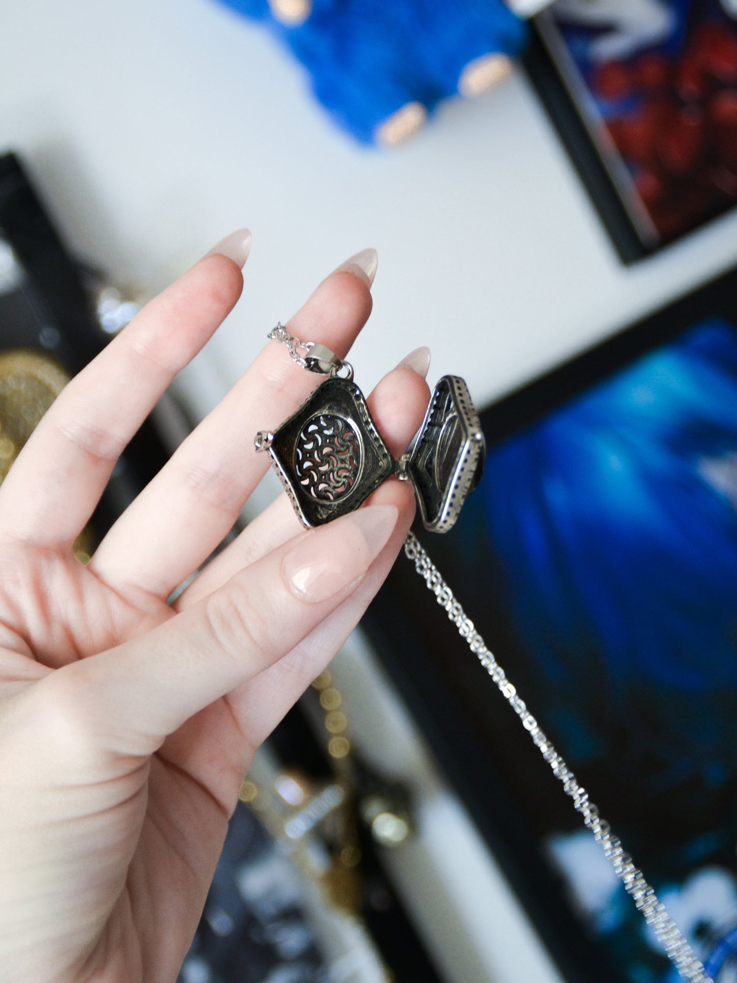 Ciondolo locket L con ossidiana argentata