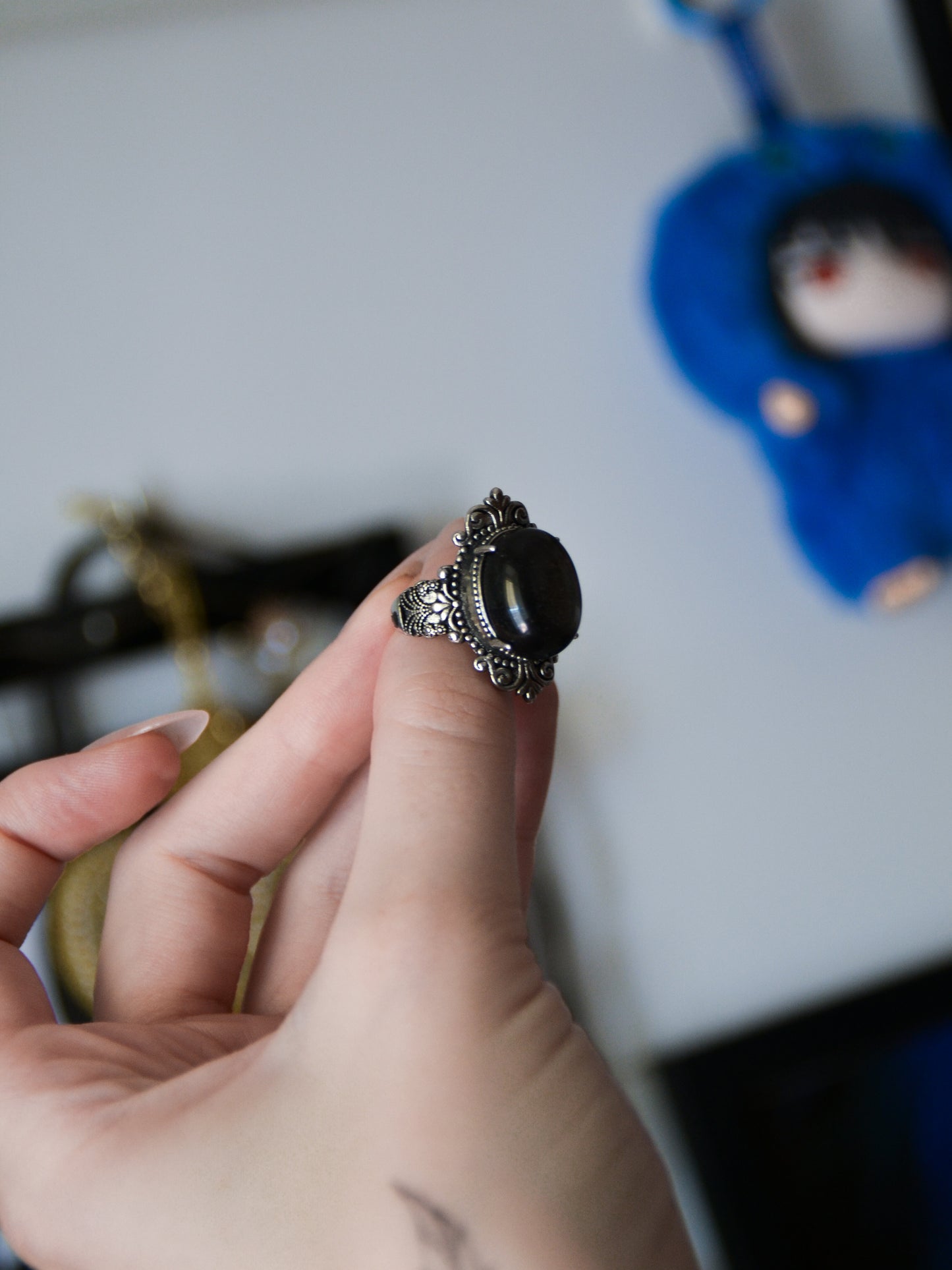 Anello black mirror II con ossidiana argentata