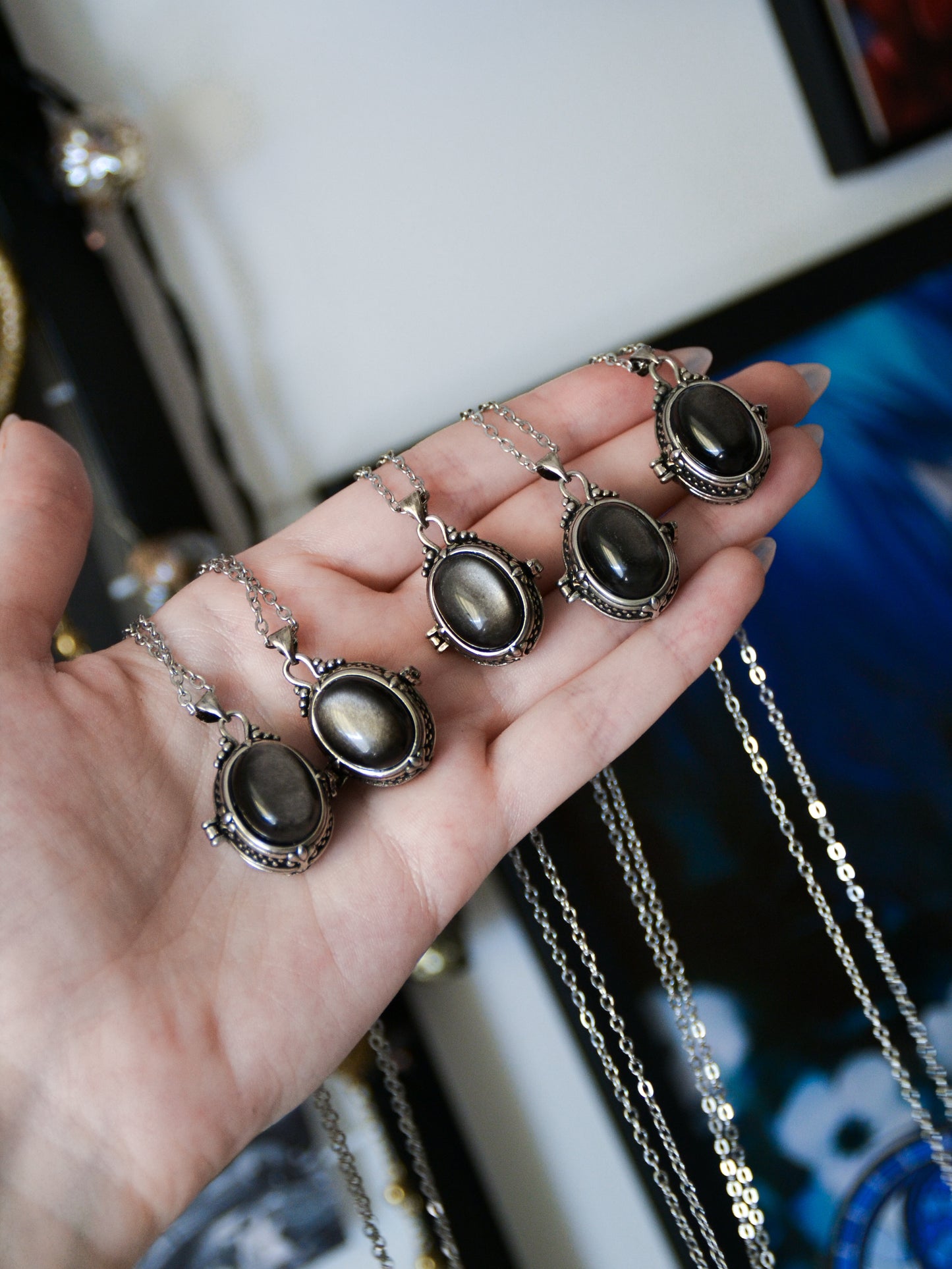 Ciondolo locket con ossidiana argentata