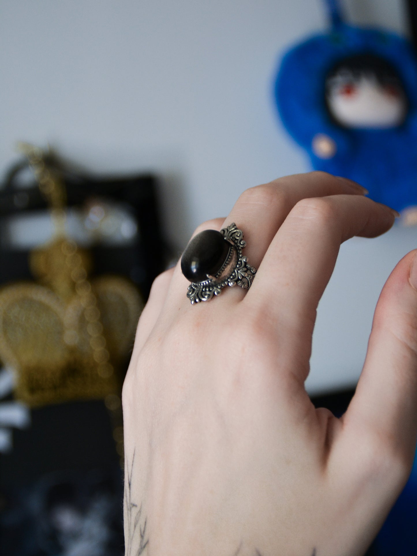 Anello black mirror II con ossidiana argentata