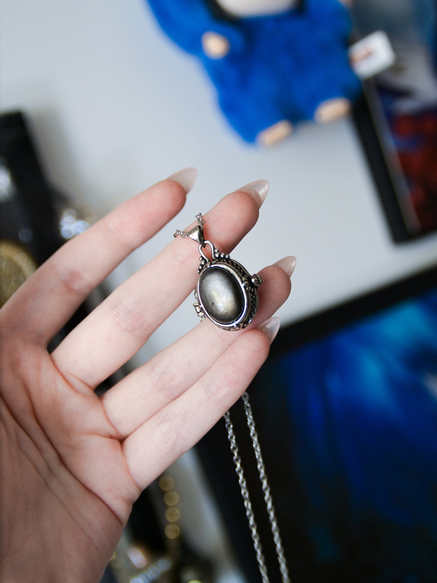Ciondolo locket con ossidiana argentata
