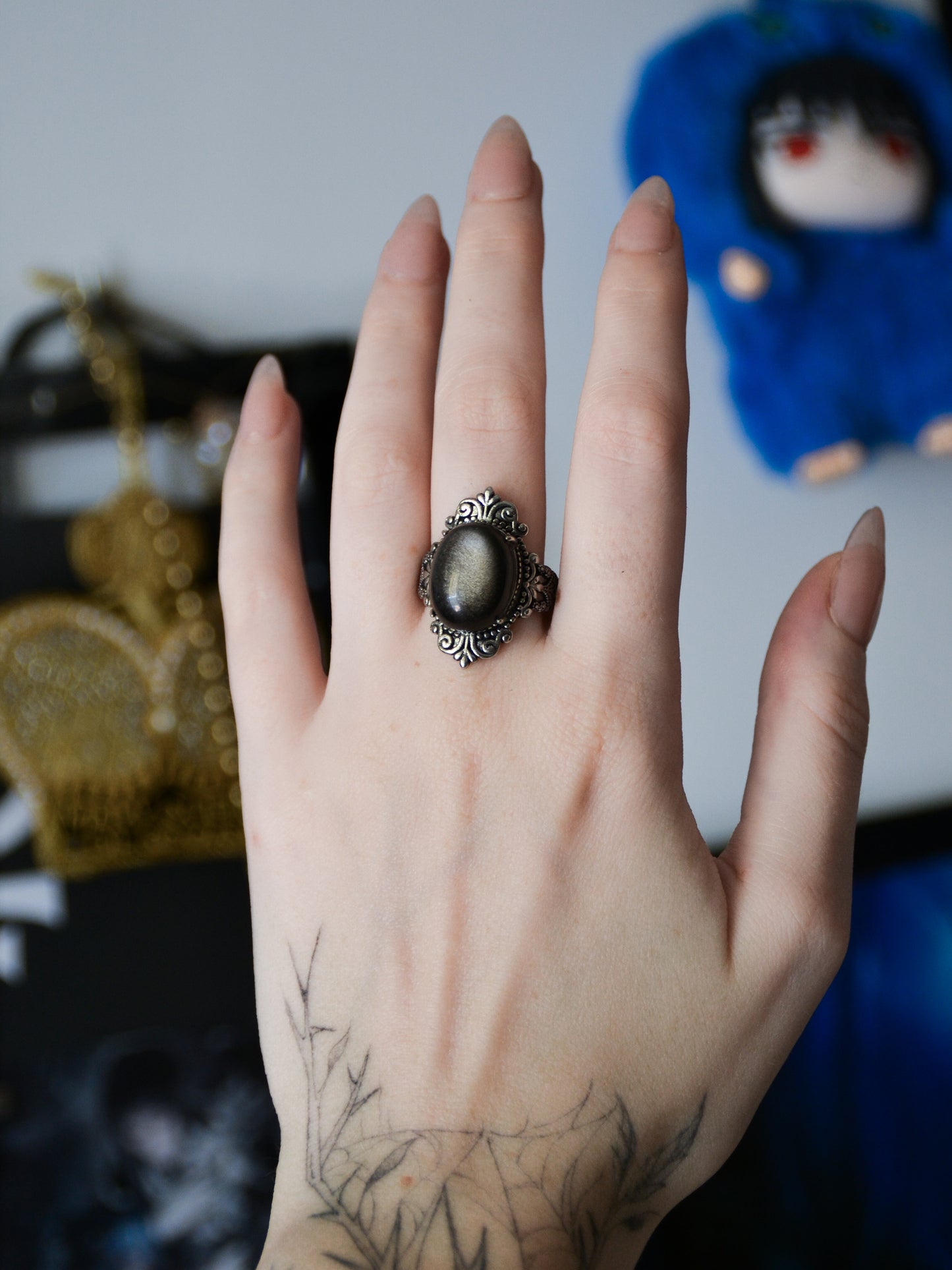 Anello black mirror II con ossidiana argentata