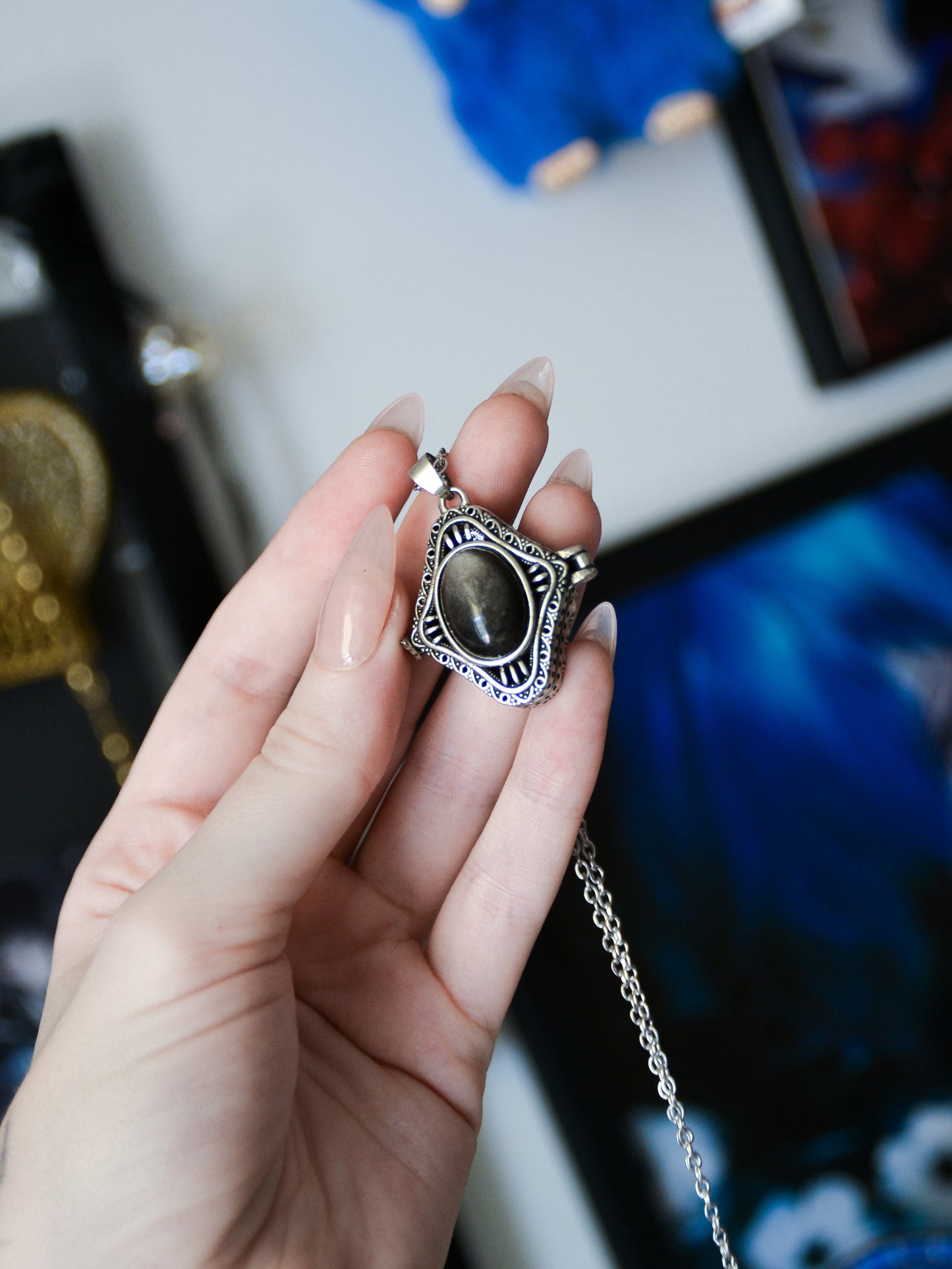Ciondolo locket L con ossidiana argentata